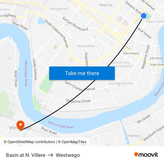 Basin at N. Villere to Westwego map