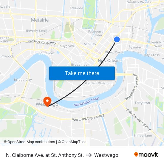 N. Claiborne Ave. at St. Anthony St. to Westwego map