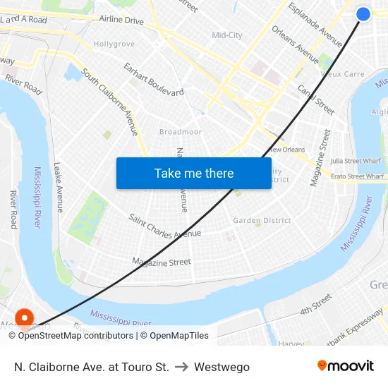 N. Claiborne Ave. at Touro St. to Westwego map