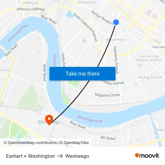 Earhart + Washington to Westwego map