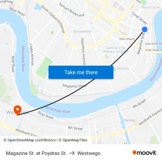 Magazine St. at Poydras St. to Westwego map