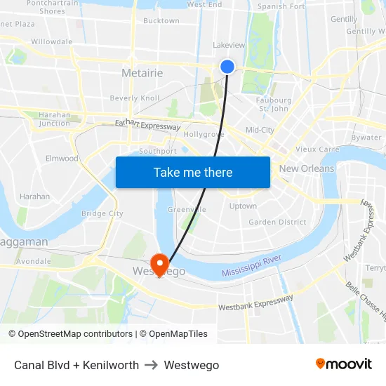Canal Blvd + Kenilworth to Westwego map