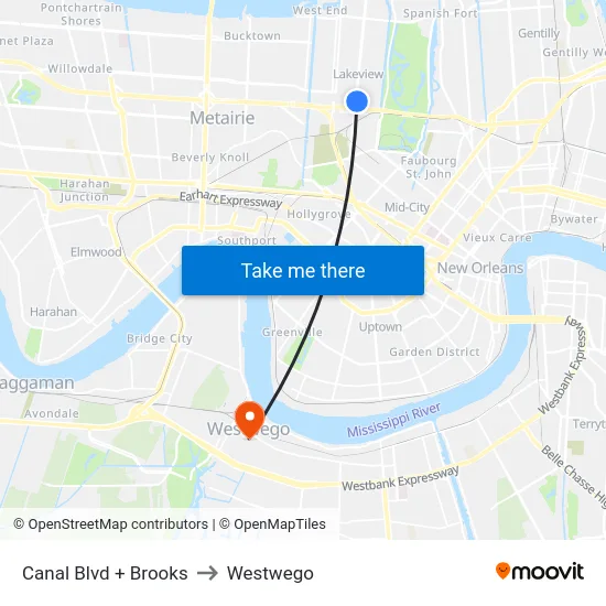 Canal Blvd + Brooks to Westwego map