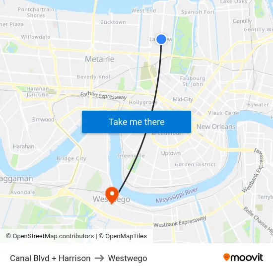 Canal Blvd + Harrison to Westwego map