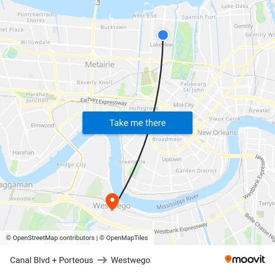 Canal Blvd + Porteous to Westwego map
