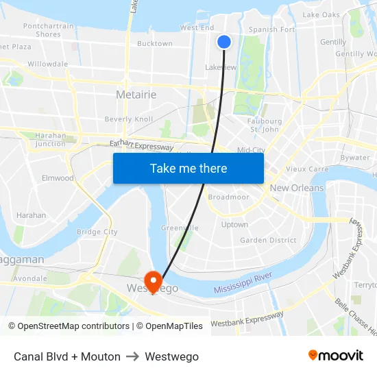 Canal Blvd + Mouton to Westwego map