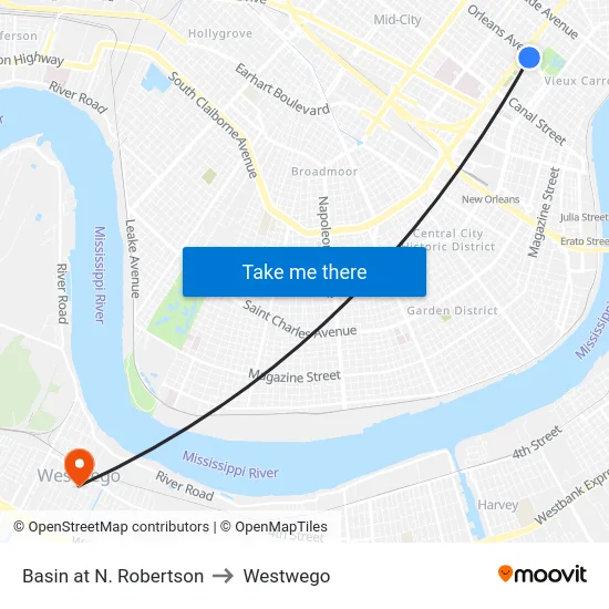 Basin at N. Robertson to Westwego map