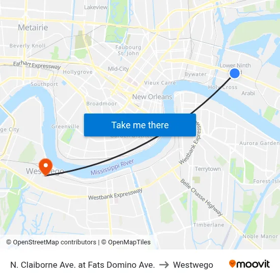 N. Claiborne Ave. at Fats Domino Ave. to Westwego map