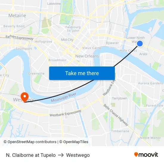 N. Claiborne at Tupelo to Westwego map