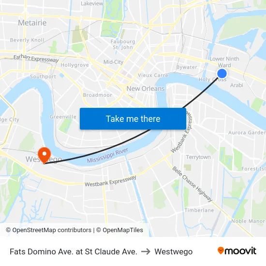 Fats Domino Ave. at St Claude Ave. to Westwego map