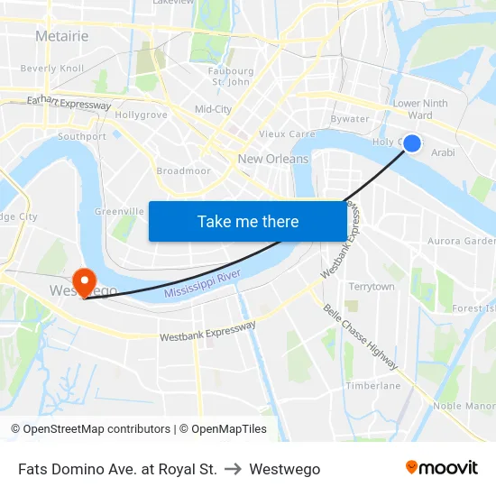Fats Domino Ave. at Royal St. to Westwego map