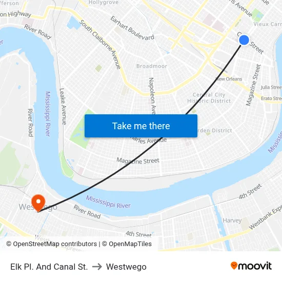 Elk Pl. And Canal St. to Westwego map