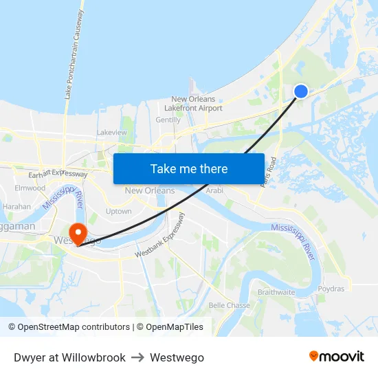 Dwyer at Willowbrook to Westwego map