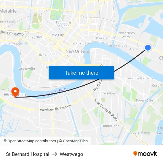St Bernard Hospital to Westwego map