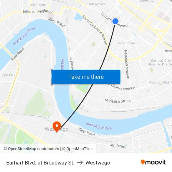 Earhart Blvd. at Broadway St. to Westwego map