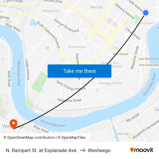 N. Rampart St. at Esplanade Ave. to Westwego map