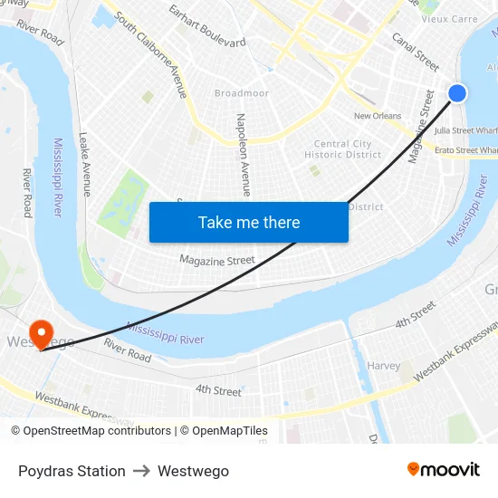 Poydras Station to Westwego map