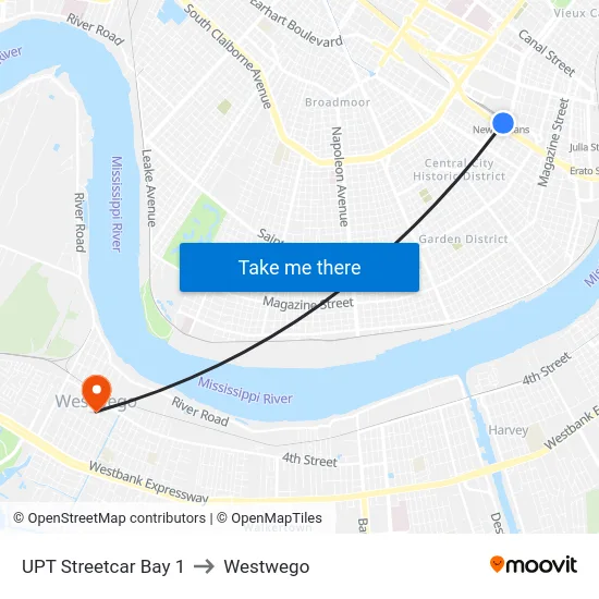 UPT Streetcar Bay 1 to Westwego map