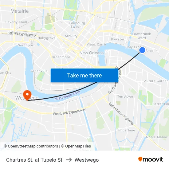 Chartres St. at Tupelo St. to Westwego map