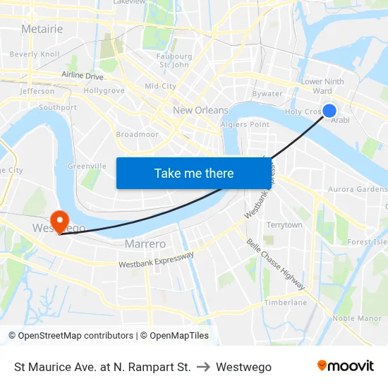 St Maurice Ave. at N. Rampart St. to Westwego map
