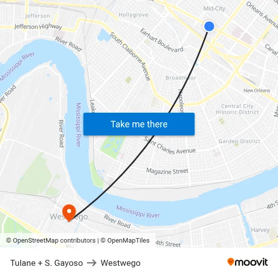 Tulane + S. Gayoso to Westwego map