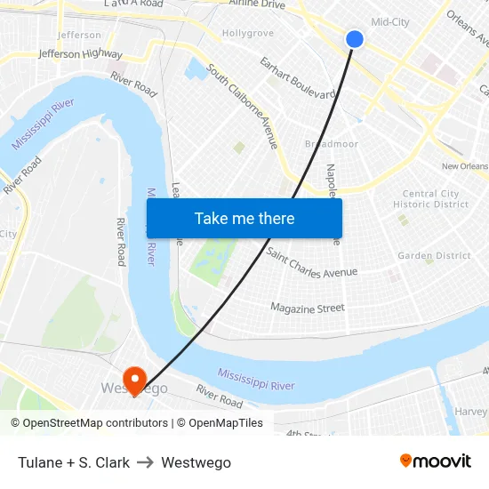 Tulane + S. Clark to Westwego map