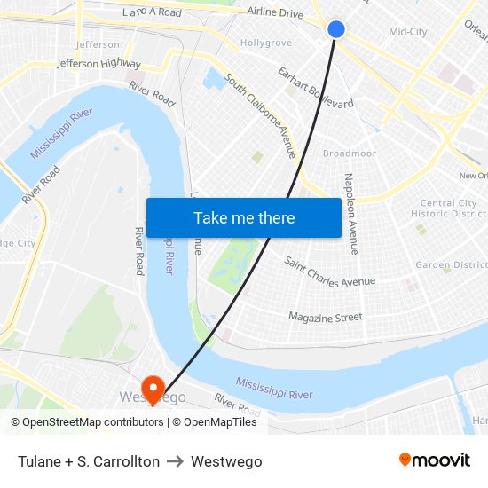 Tulane + S. Carrollton to Westwego map