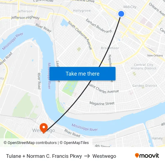 Tulane + Norman C. Francis Pkwy to Westwego map