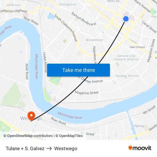 Tulane + S. Galvez to Westwego map