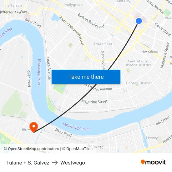 Tulane + S. Galvez to Westwego map