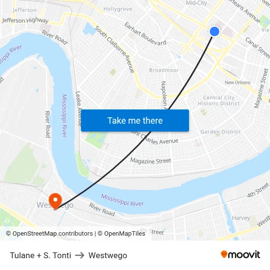 Tulane + S. Tonti to Westwego map