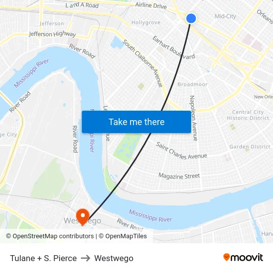 Tulane + S. Pierce to Westwego map