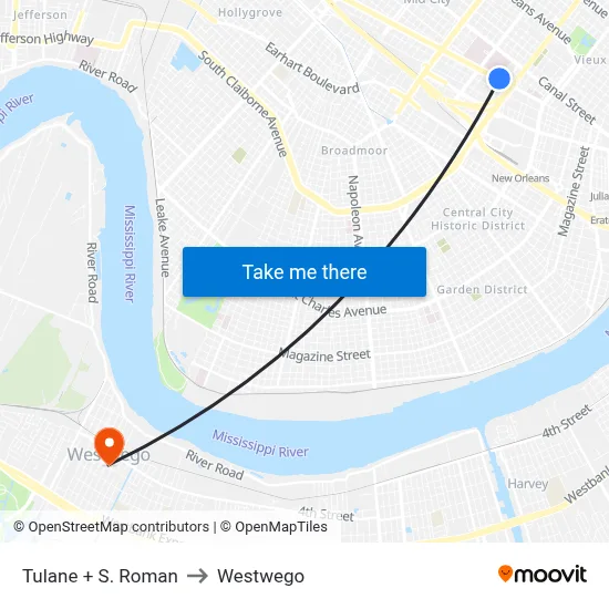 Tulane + S. Roman to Westwego map