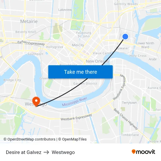 Desire at Galvez to Westwego map