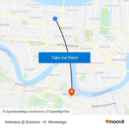Veterans @ Division to Westwego map