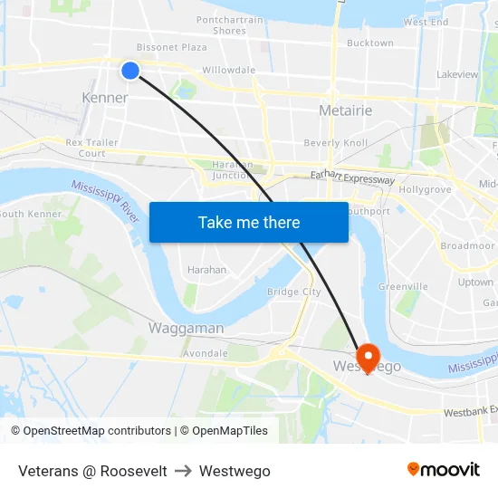 Veterans @ Roosevelt to Westwego map