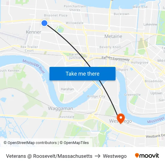 Veterans @ Roosevelt/Massachusetts to Westwego map