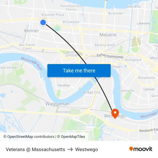Veterans @ Massachusetts to Westwego map