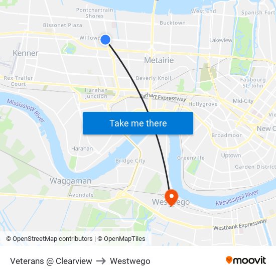 Veterans @ Clearview to Westwego map