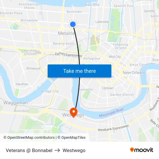 Veterans @ Bonnabel to Westwego map