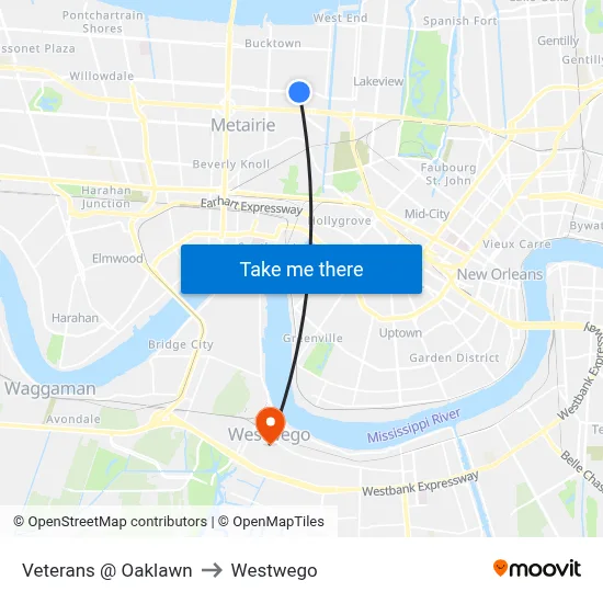 Veterans @ Oaklawn to Westwego map