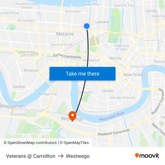 Veterans @ Carrollton to Westwego map