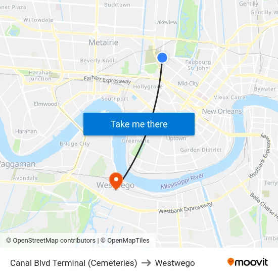 Canal Blvd Terminal (Cemeteries) to Westwego map