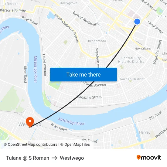 Tulane @ S Roman to Westwego map