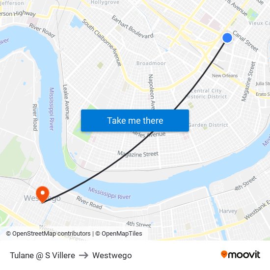 Tulane @ S Villere to Westwego map