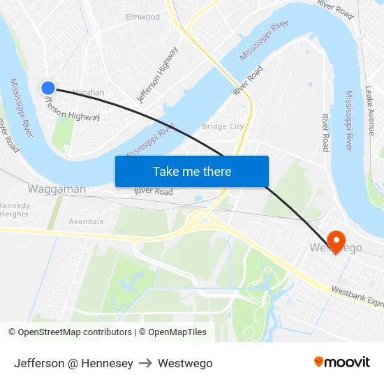 Jefferson @ Hennesey to Westwego map