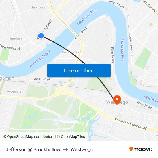Jefferson @ Brookhollow to Westwego map