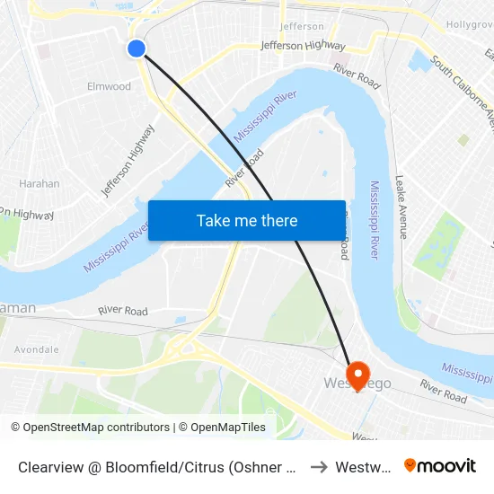 Clearview @ Bloomfield/Citrus (Oshner Hospital) to Westwego map