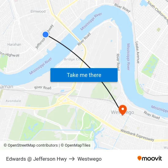 Edwards @ Jefferson Hwy to Westwego map