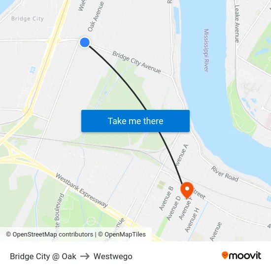 Bridge City @ Oak to Westwego map